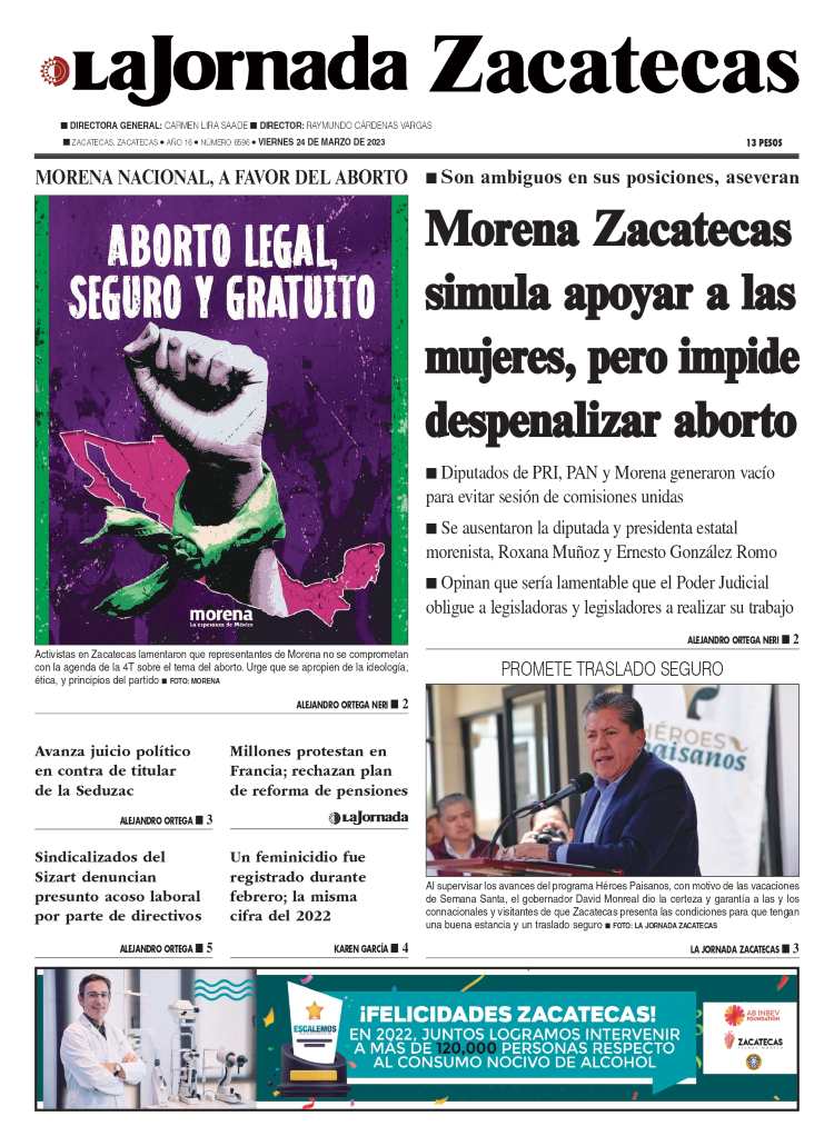 24 de Marzo de 2023 – Morena Zacatecas simula apoyar a las mujeres, pero impide despenalizar aborto