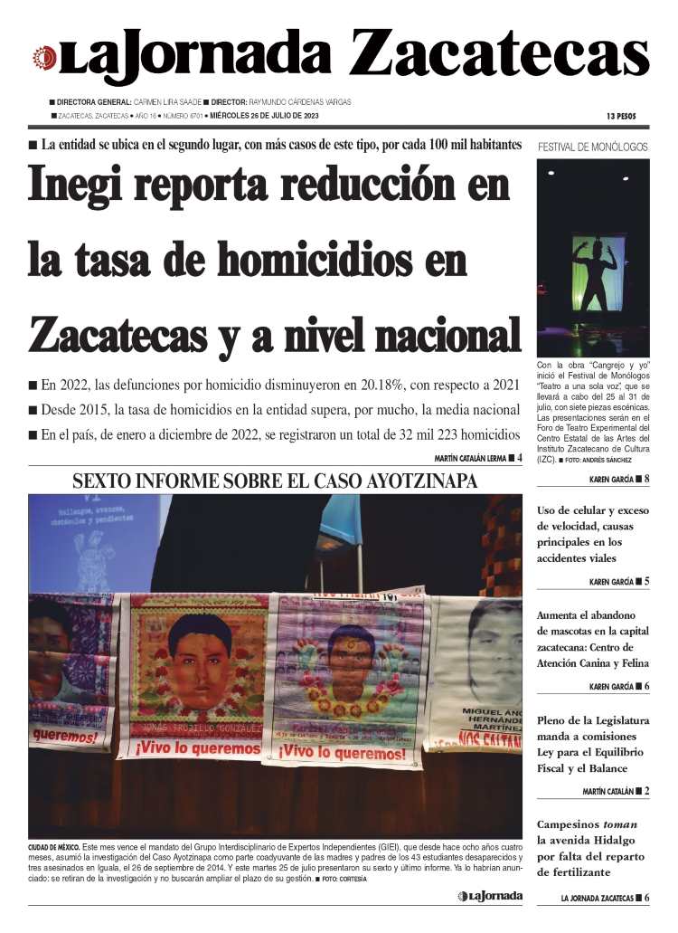 26 de Julio de 2023 – Inegi reporta reducción en la tasa de homicidios en Zacatecas y a nivel nacional
