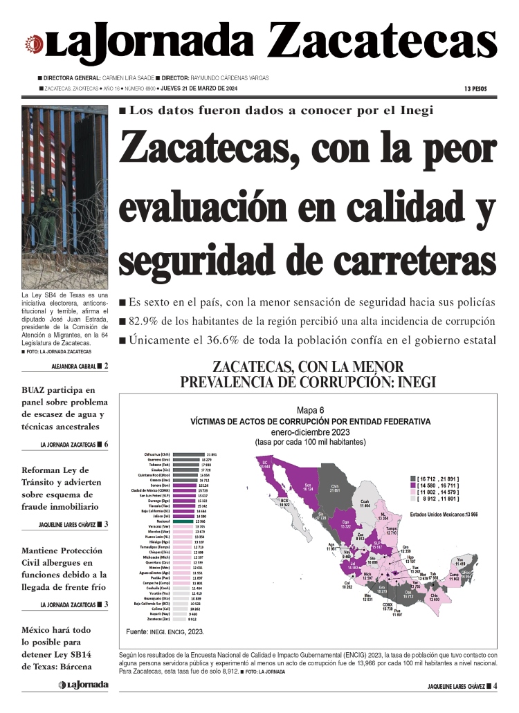 21 de Marzo de 2024 – Zacatecas, con la peor evaluación en calidad y seguridad de carreteras