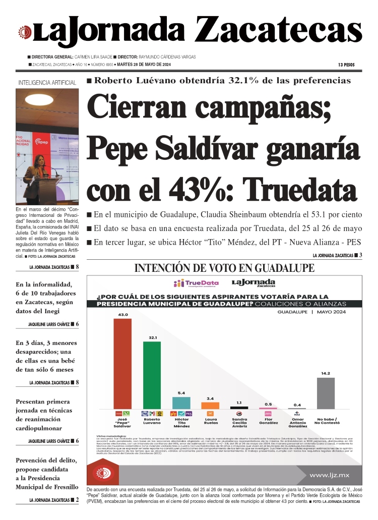 28 de Mayo de 2024 – Cierran campañas; Pepe Saldívar ganaría con el 43%: Truedata