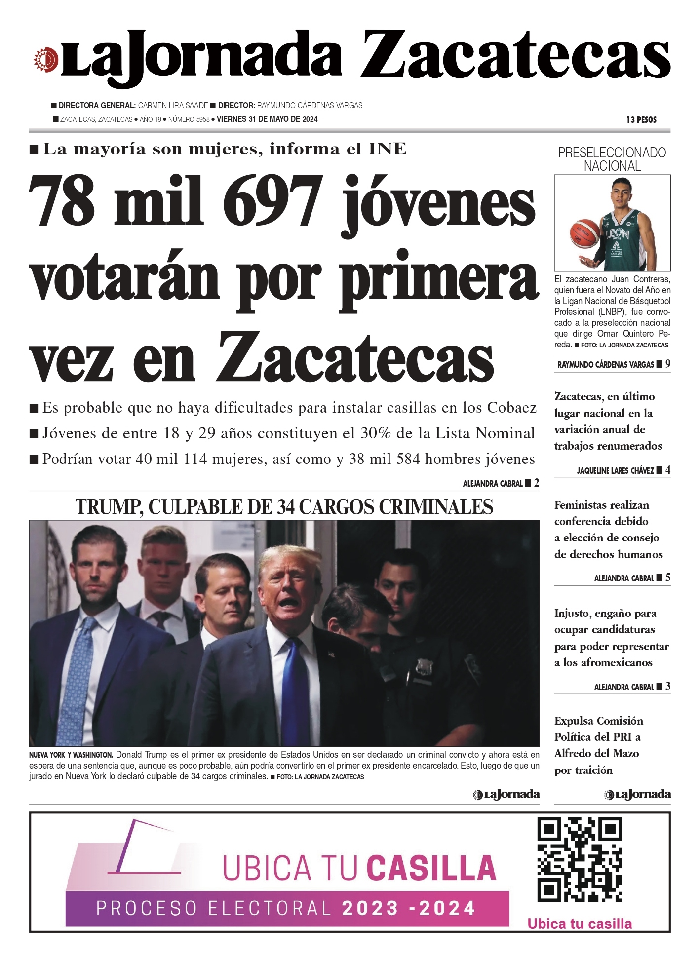 31 de Mayo de 2024 – 78 mil 697 jóvenes votarán por primera vez en Zacatecas