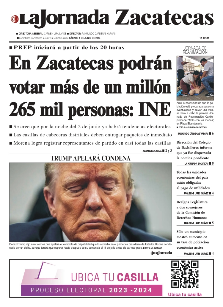 01 de Junio de 2024 – En Zacatecas podrán votar más de un millón 265 mil personas: INE