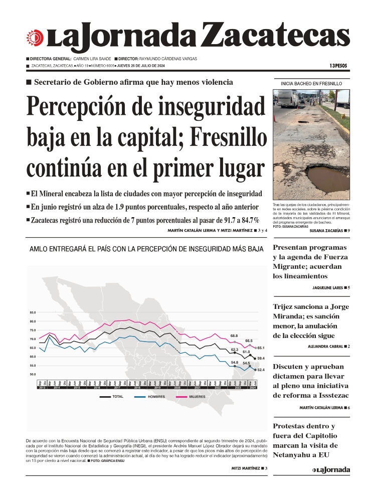 25 de Julio de 2024 – Percepción de inseguridad baja en la capital; Fresnillo continúa en el primer lugar