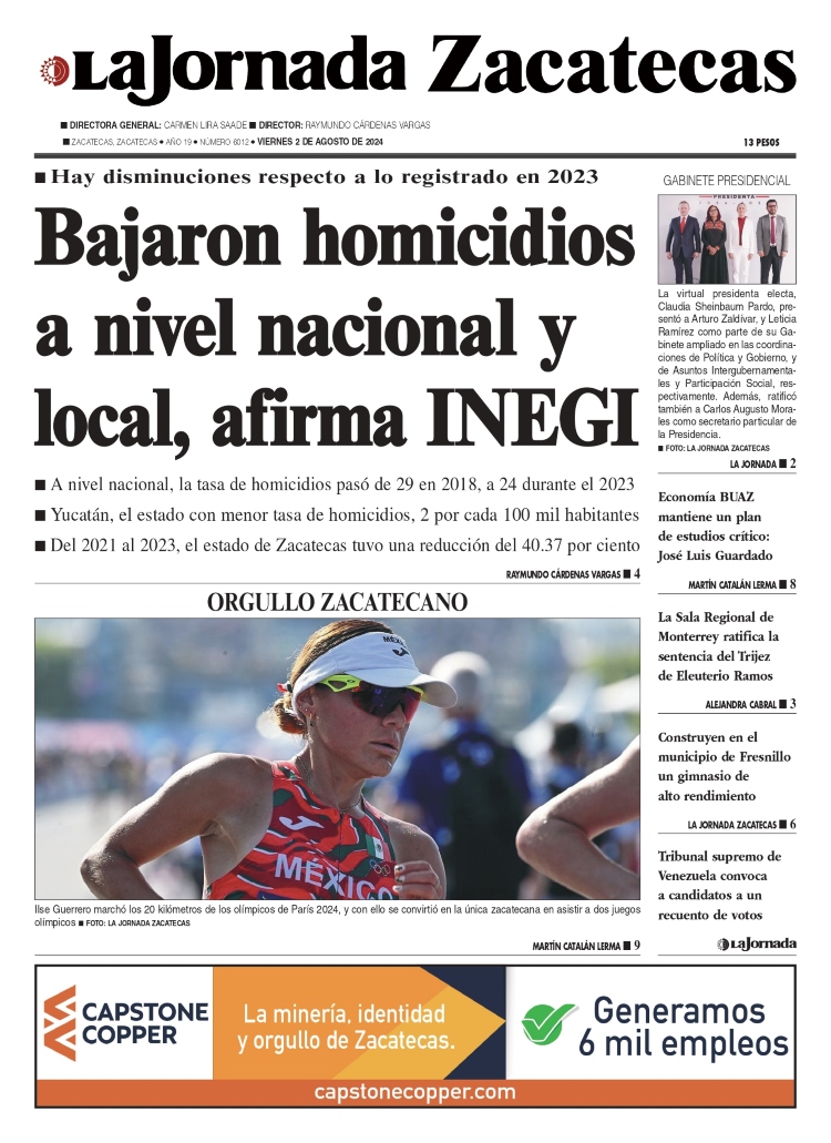 02 de Agosto de 2024 – Bajaron homicidios a nivel nacional y local, afirma INEGI