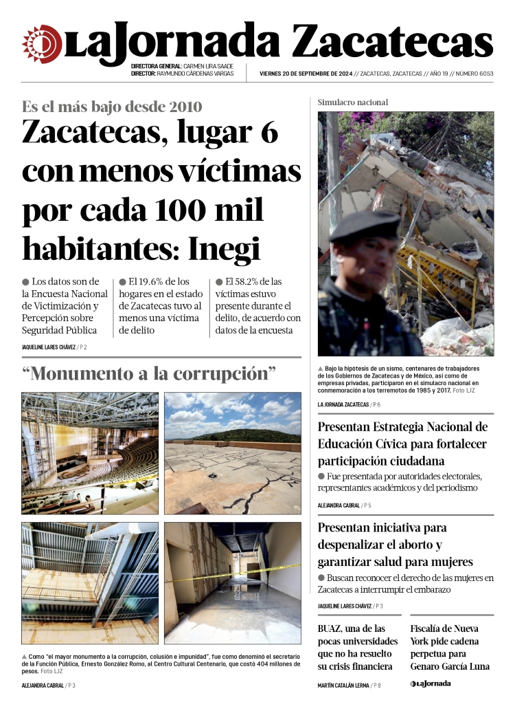 20 de Septiembre de 2024 – Zacatecas, lugar 6 con menos víctimas por cada 100 mil habitantes: Inegi