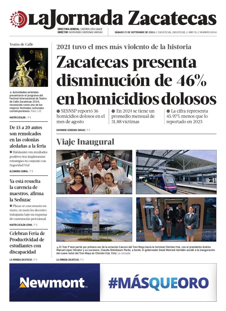 21 de Septiembre de 2024 – Zacatecas presenta disminución de 46% en homicidios dolosos