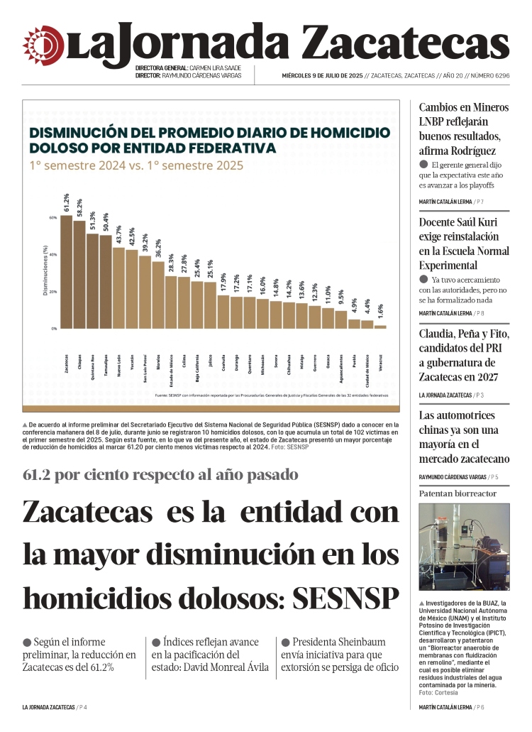 09 de Julio de 2025 – Zacatecas es la entidad con la mayor disminución en los homicidios dolosos: SESNSP