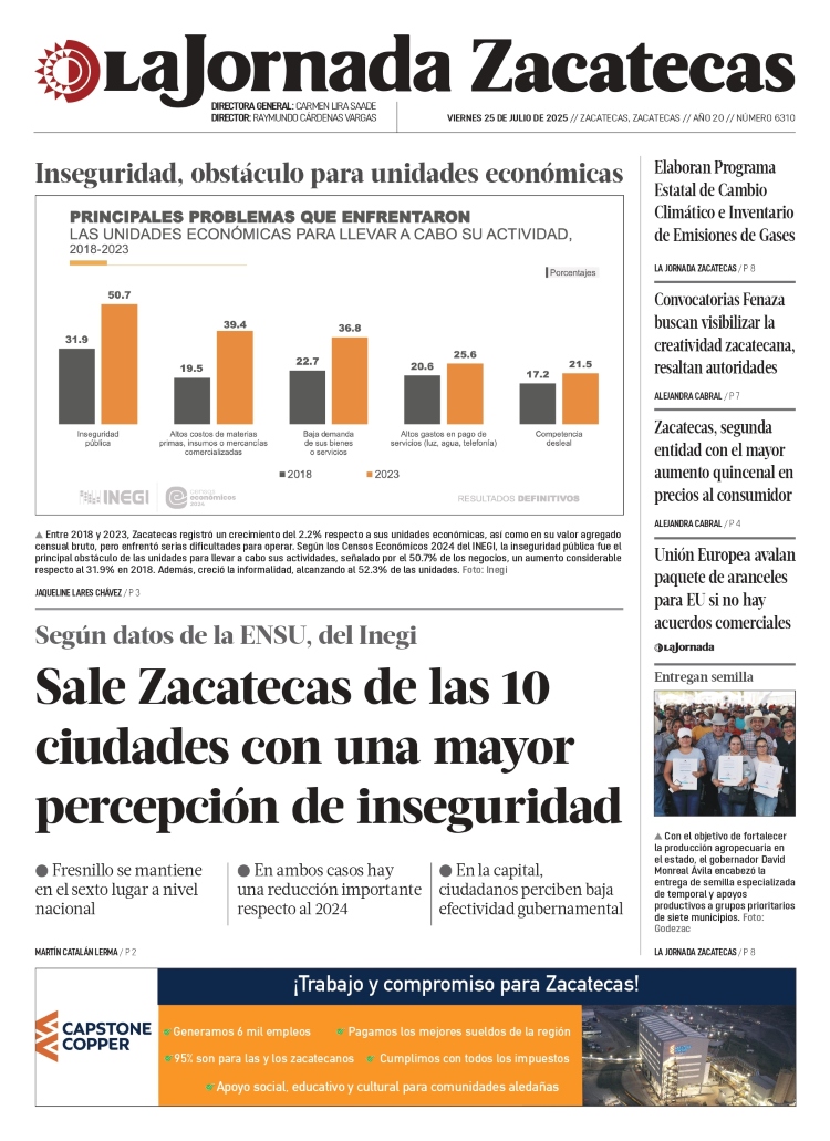 25 de Julio de 2025 – Sale Zacatecas de las 10 ciudades con una mayor percepción de inseguridad