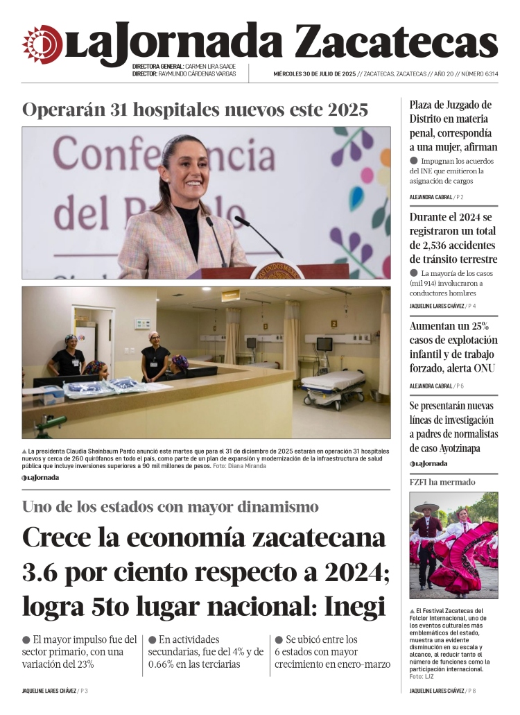 30 de Julio de 2025 – Crece la economía zacatecana 3.6 por ciento respecto a 2024; logra 5to lugar nacional: Inegi