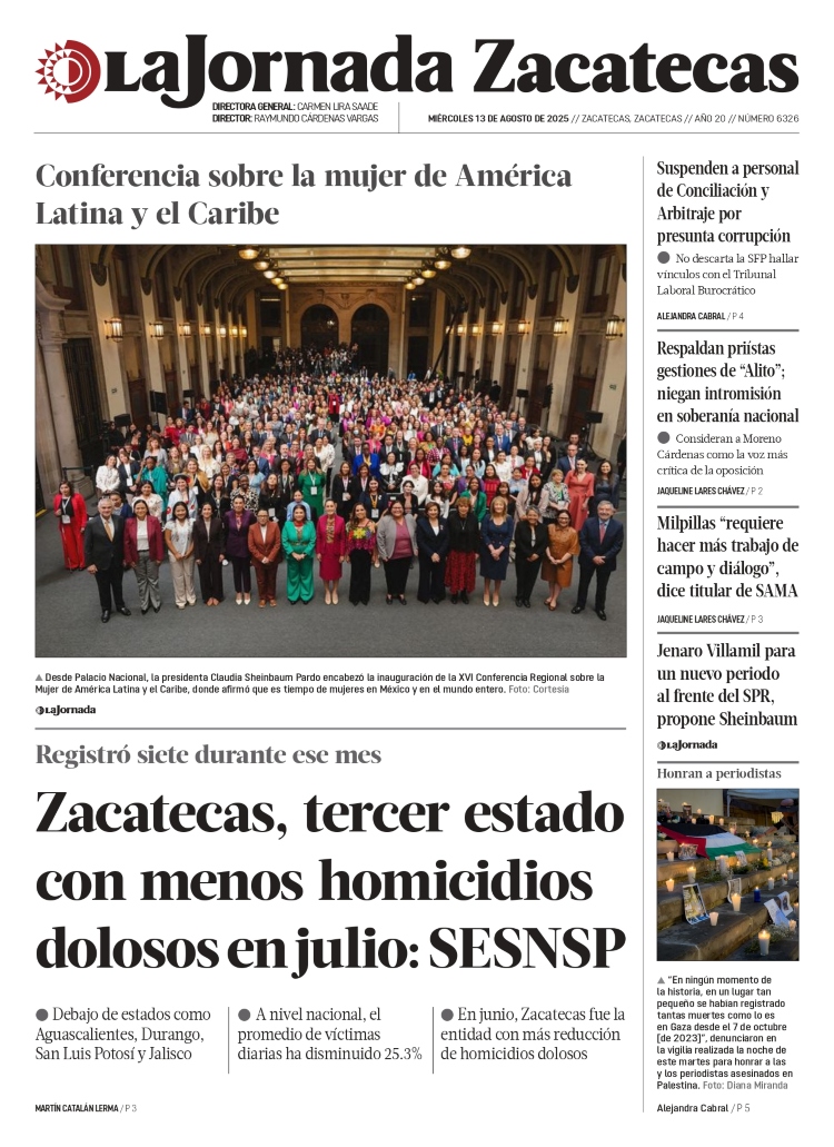 13 de Agosto de 2025 – Zacatecas, tercer estado con menos homicidios dolosos en julio: SESNSP