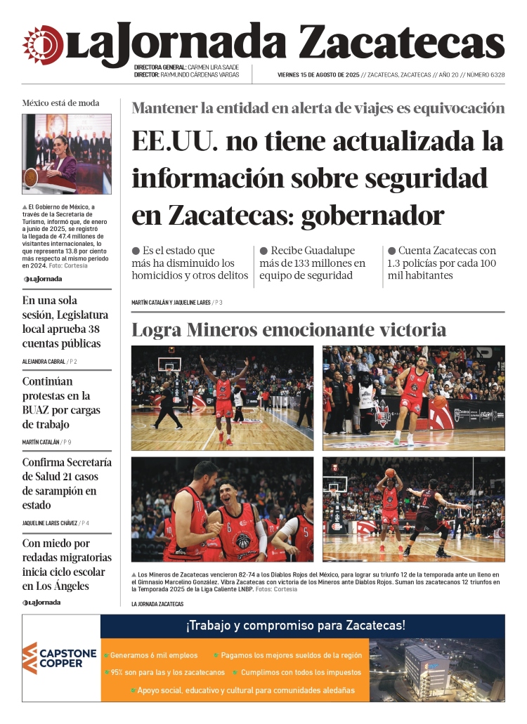 15 de Agosto de 2025 – EE.UU. no tiene actualizada la información sobre seguridad en Zacatecas: gobernador