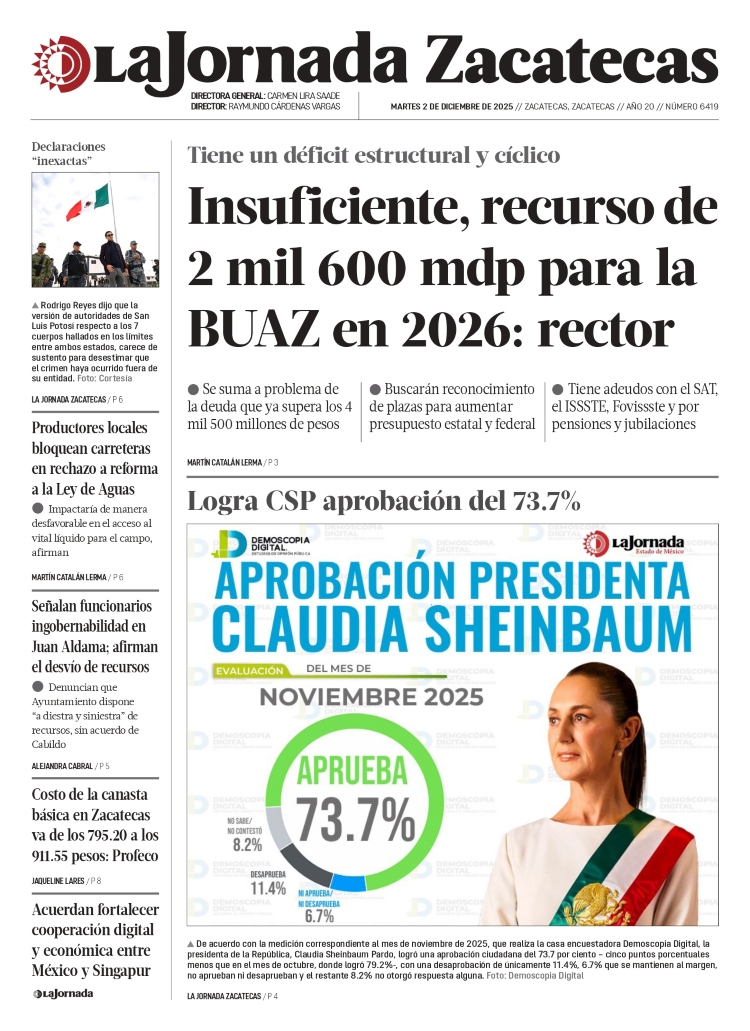 02 de Diciembre de 2025 – Insuficiente, recurso de 2 mil 600 mdp para la BUAZ en 2026: rector