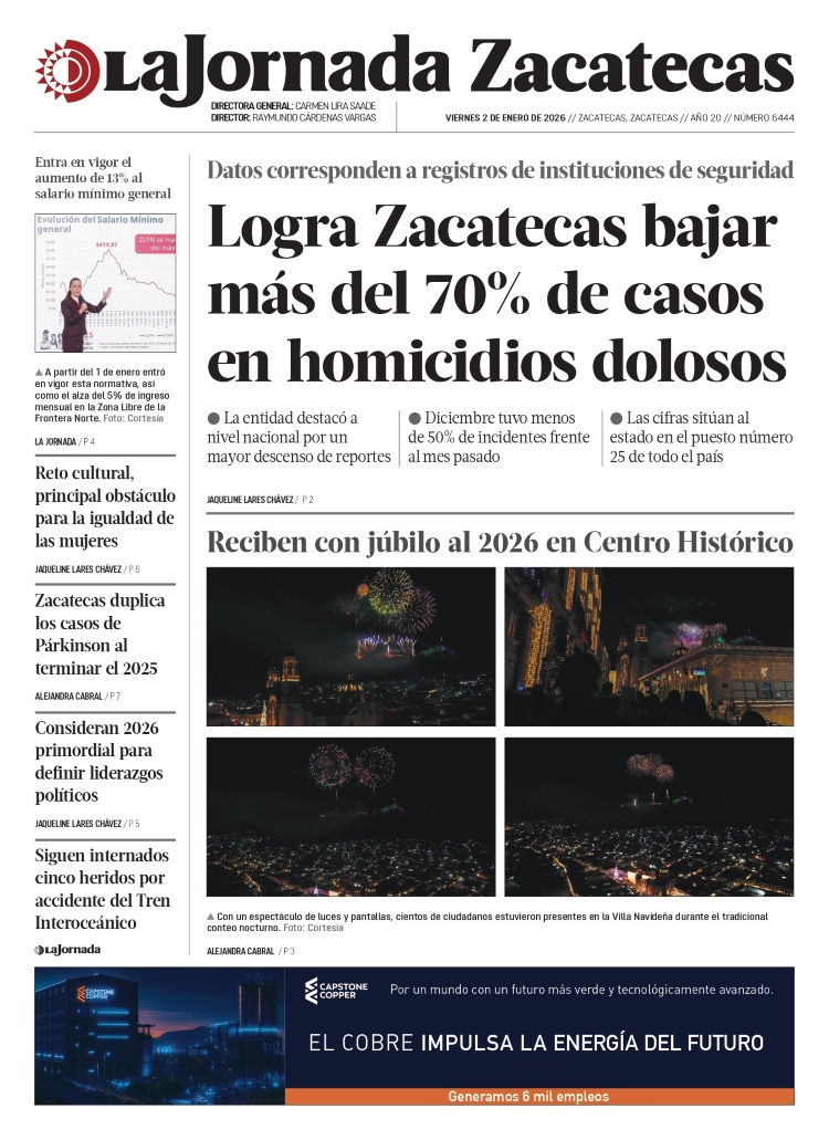 02 de Enero de 2026 – Logra Zacatecas bajar más del 70% de casos en homicidios dolosos