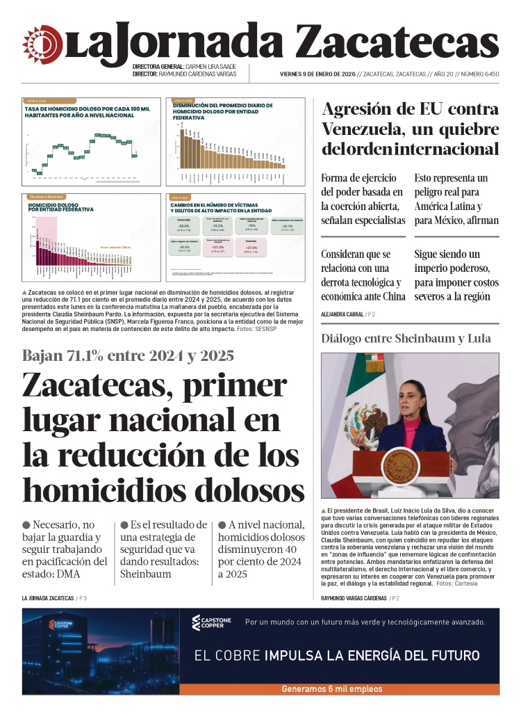09 de Enero de 2026 – Zacatecas, primer lugar nacional en la reducción de los homicidios dolosos
