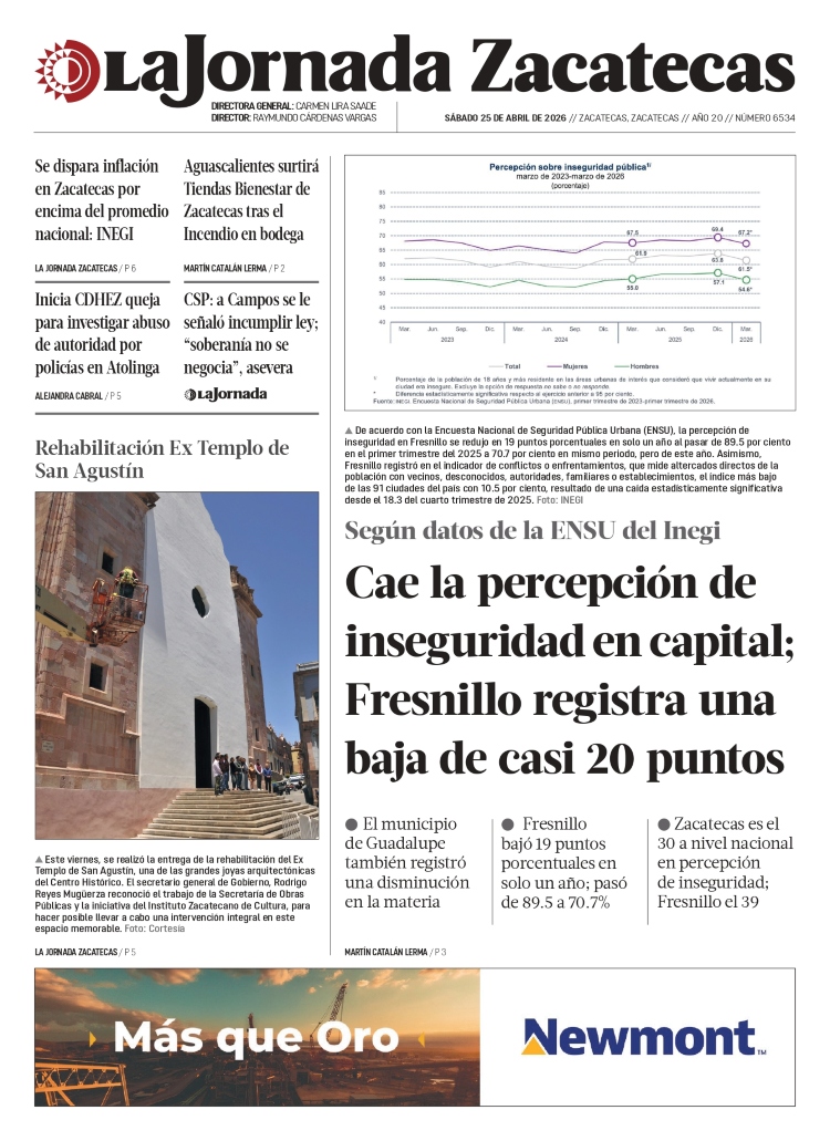 25 de Abril de 2026 – Cae la percepción de inseguridad en capital; Fresnillo registra una baja de casi 20 puntos