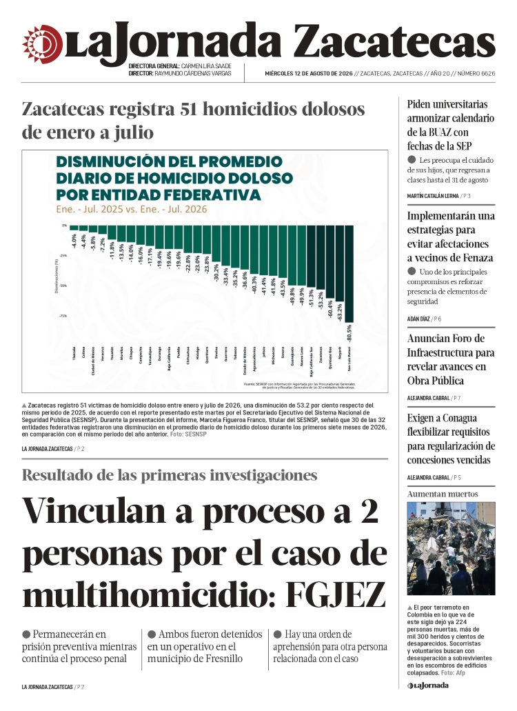 12 de Agosto de 2026 – Vinculan a proceso a 2 personas por el caso de multihomicidio: FGJEZ